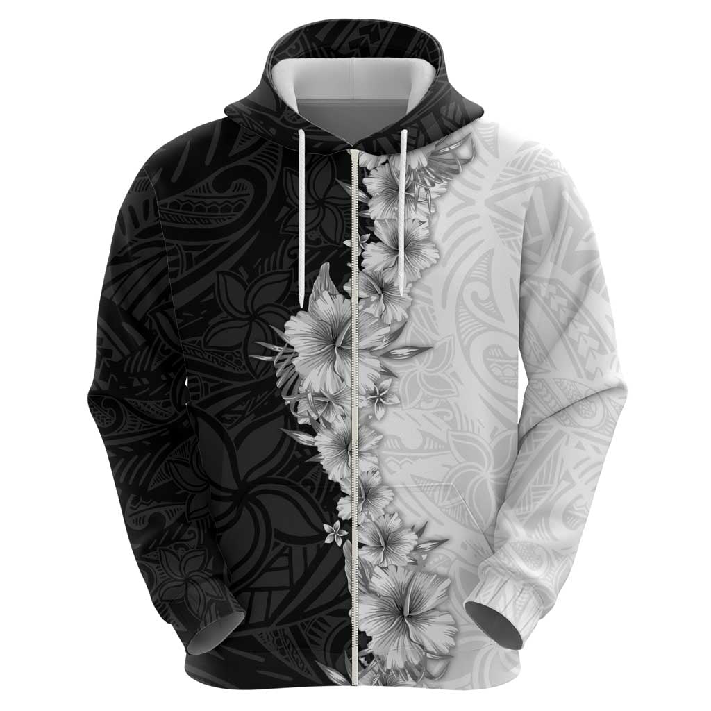 Hawaii Hibiscus Flowers Hoodie Grayscale Polynesian Pattern