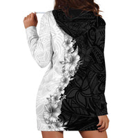 Hawaii Hibiscus Flowers Hoodie Dress Grayscale Polynesian Pattern