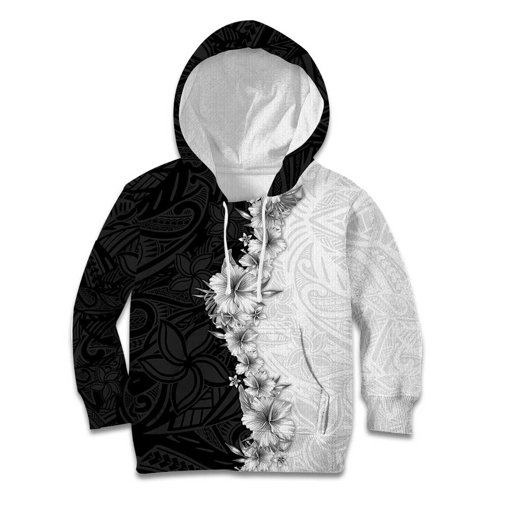 Hawaii Hibiscus Flowers Kid Hoodie Grayscale Polynesian Pattern