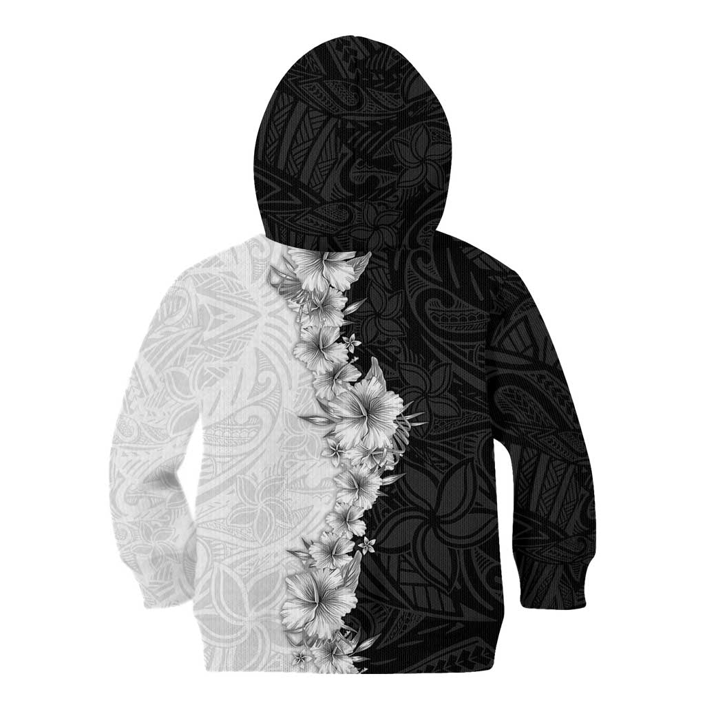 Hawaii Hibiscus Flowers Kid Hoodie Grayscale Polynesian Pattern
