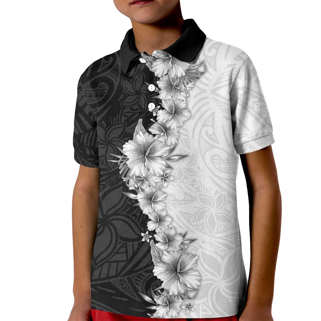 Hawaii Hibiscus Flowers Kid Polo Shirt Grayscale Polynesian Pattern