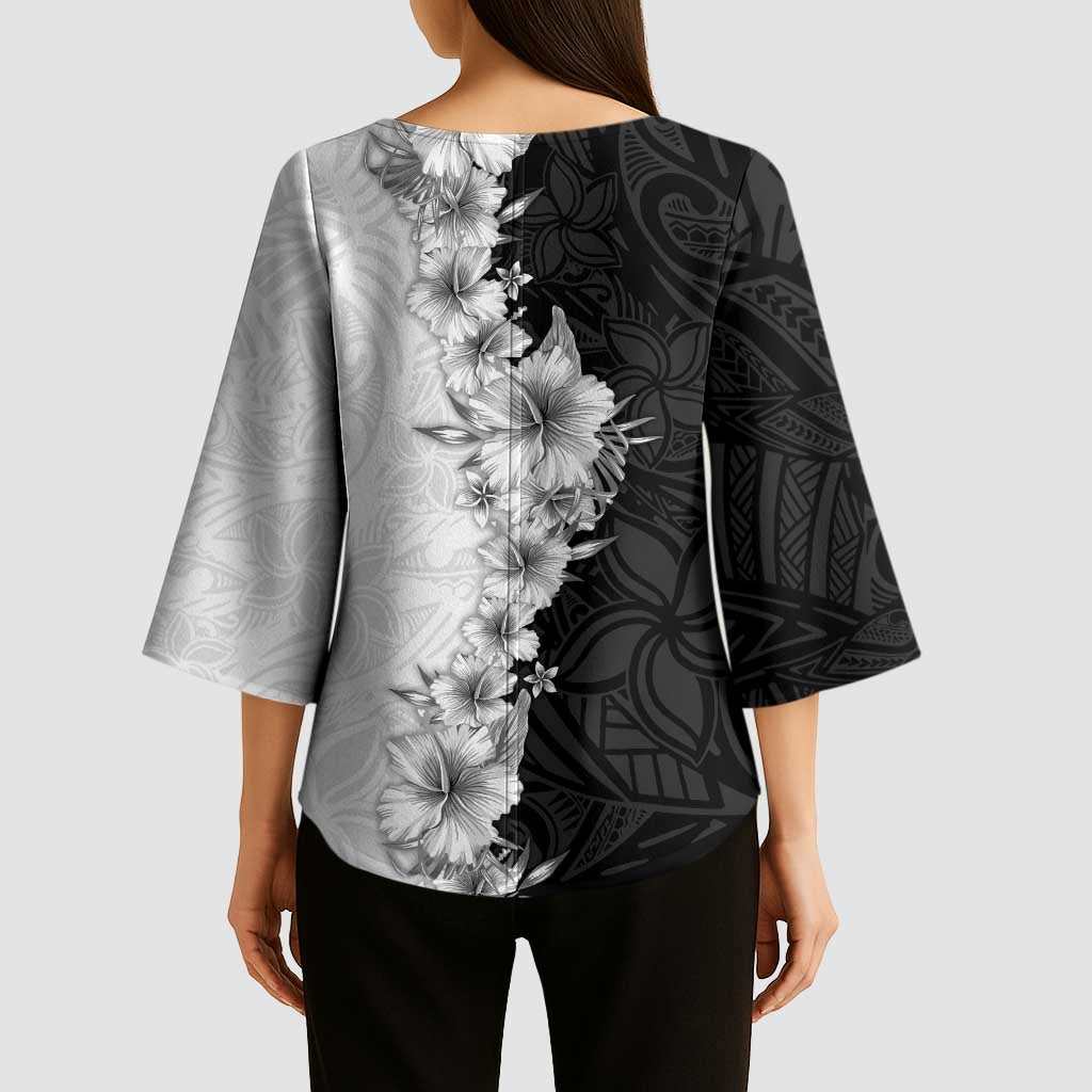 Hawaii Hibiscus Flowers Kimono Sleeve Blouse Grayscale Polynesian Pattern