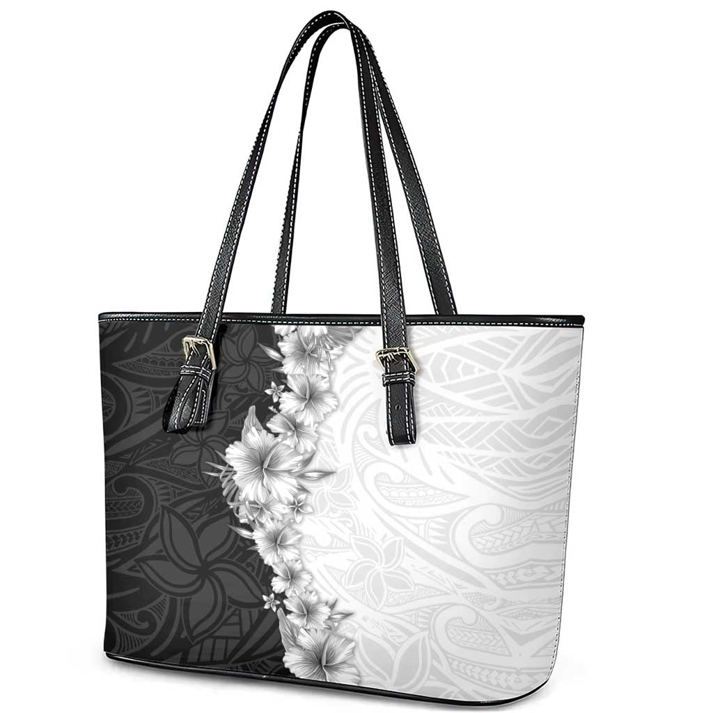 Hawaii Hibiscus Flowers Leather Tote Bag Grayscale Polynesian Pattern
