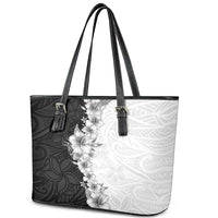Hawaii Hibiscus Flowers Leather Tote Bag Grayscale Polynesian Pattern
