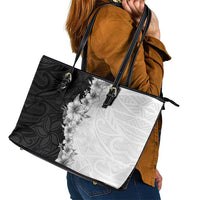 Hawaii Hibiscus Flowers Leather Tote Bag Grayscale Polynesian Pattern