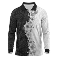 Hawaii Hibiscus Flowers Long Sleeve Polo Shirt Grayscale Polynesian Pattern