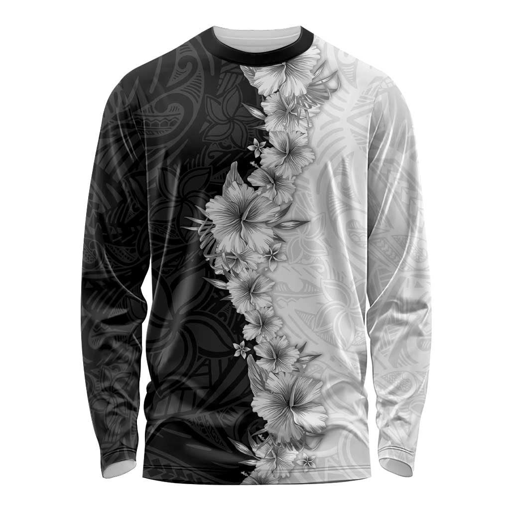 Hawaii Hibiscus Flowers Long Sleeve Shirt Grayscale Polynesian Pattern