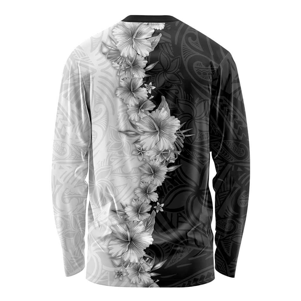 Hawaii Hibiscus Flowers Long Sleeve Shirt Grayscale Polynesian Pattern