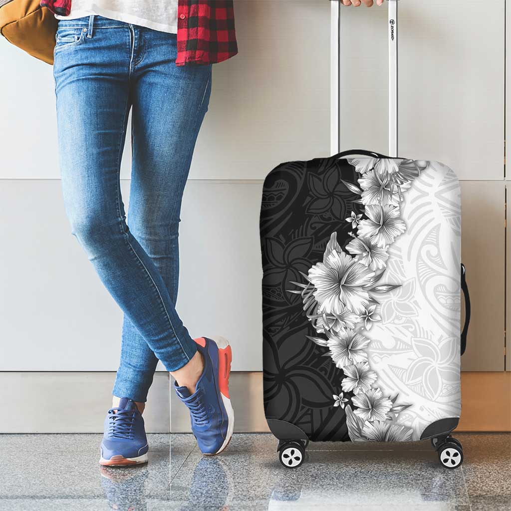 Hawaii Hibiscus Flowers Luggage Cover Grayscale Polynesian Pattern