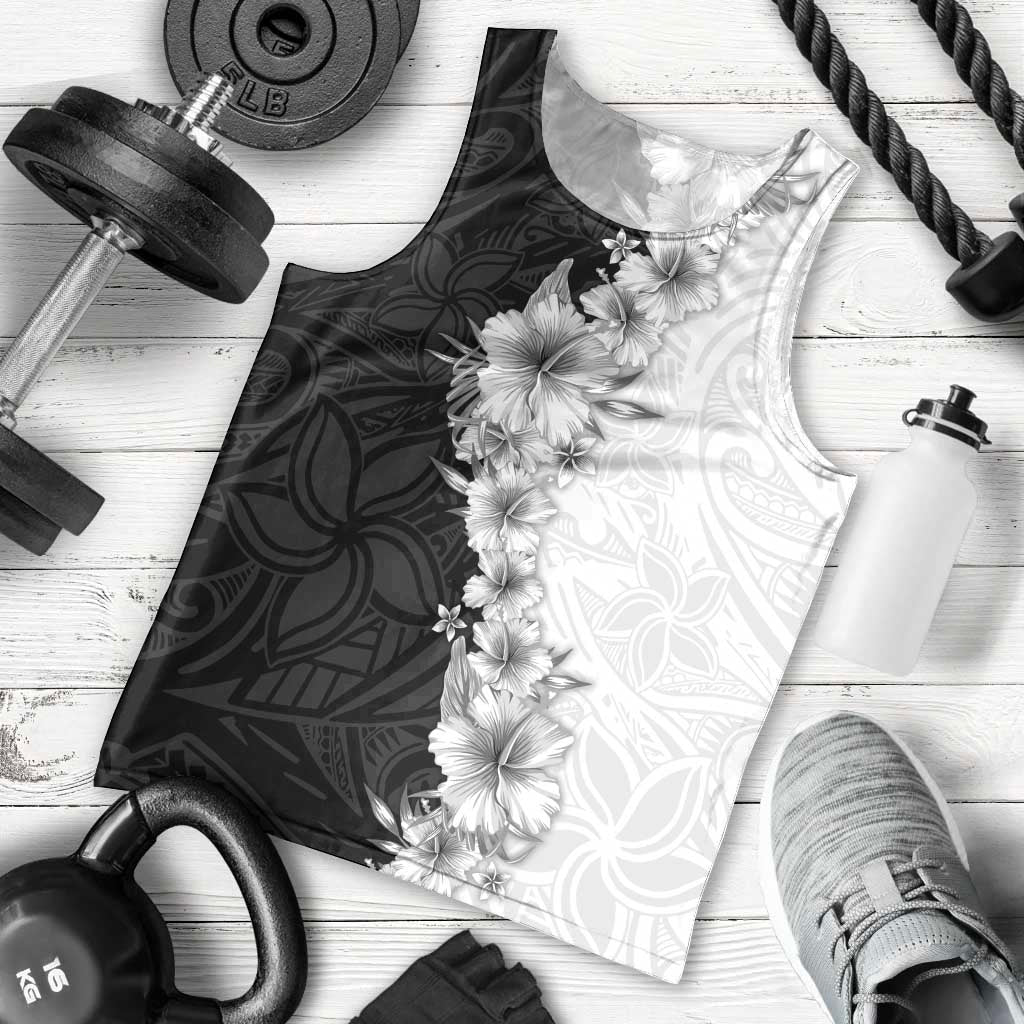 Hawaii Hibiscus Flowers Men Tank Top Grayscale Polynesian Pattern
