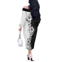 Hawaii Hibiscus Flowers Off The Shoulder Long Sleeve Dress Grayscale Polynesian Pattern