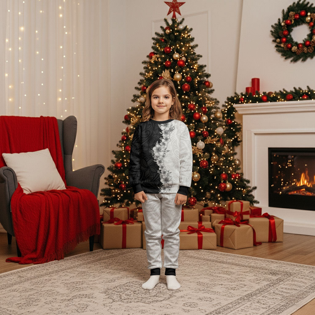 Hawaii Hibiscus Flowers Christmas Pajama Set Grayscale Polynesian Pattern LT05 Kid Black - Polynesian Pride