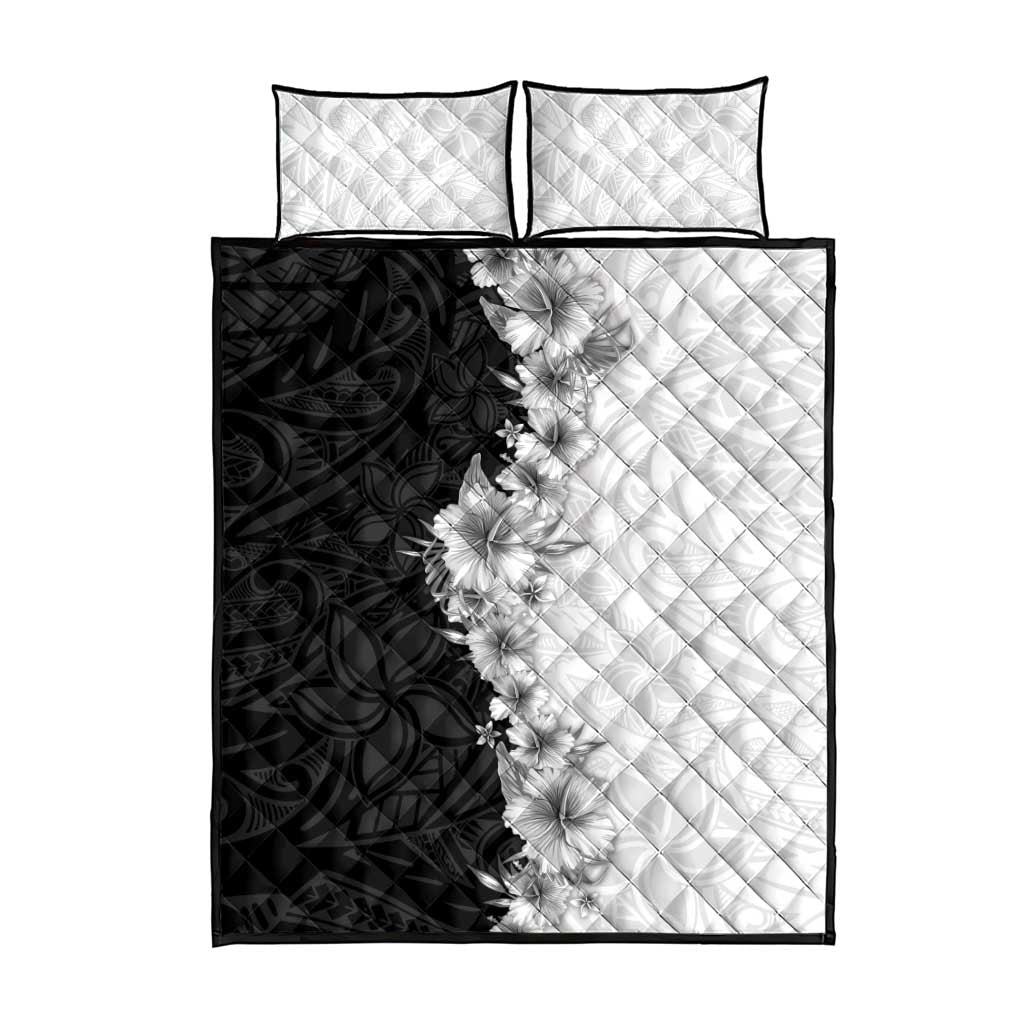 Hawaii Hibiscus Flowers Quilt Bed Set Grayscale Polynesian Pattern