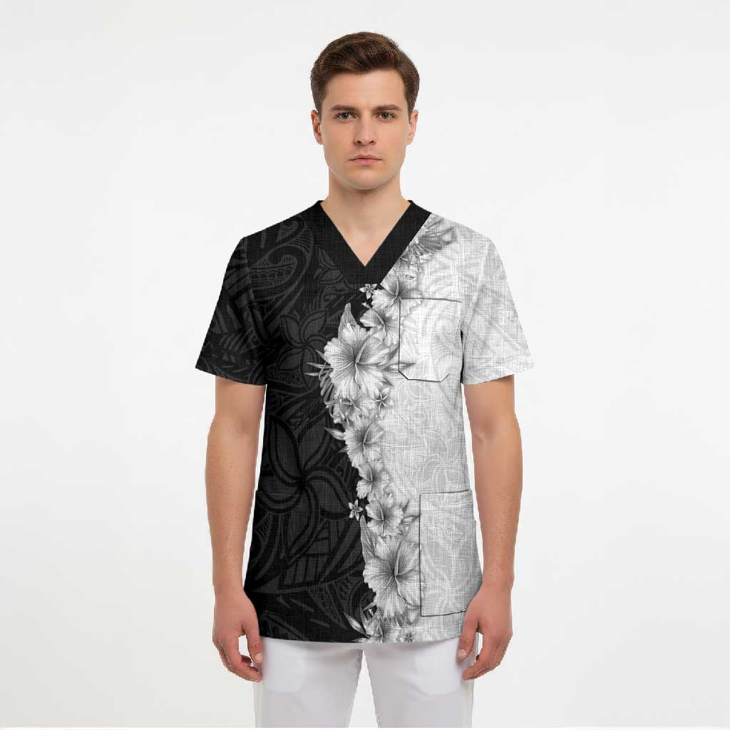 Hawaii Hibiscus Flowers Scrub Top Grayscale Polynesian Pattern