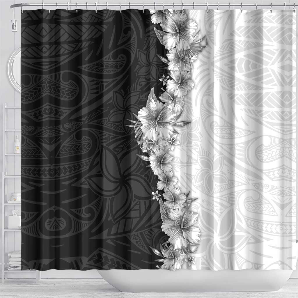 Hawaii Hibiscus Flowers Shower Curtain Grayscale Polynesian Pattern