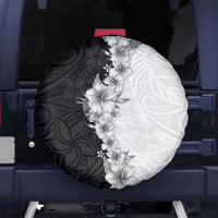 Hawaii Hibiscus Flowers Spare Tire Cover Grayscale Polynesian Pattern