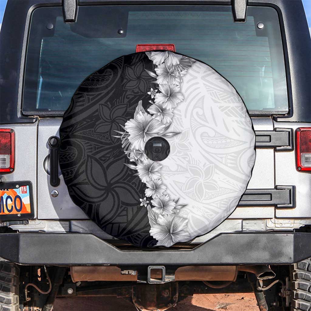 Hawaii Hibiscus Flowers Spare Tire Cover Grayscale Polynesian Pattern