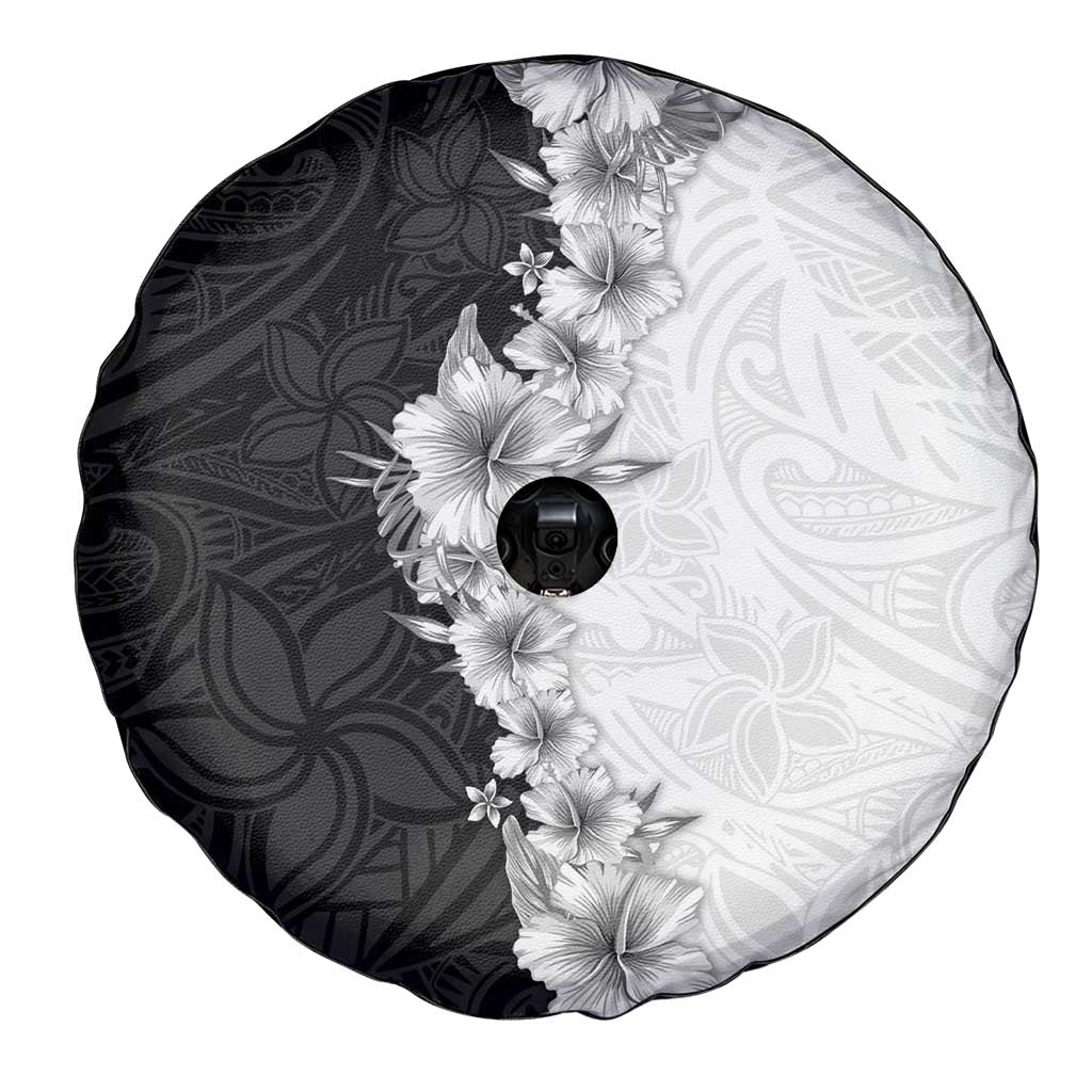Hawaii Hibiscus Flowers Spare Tire Cover Grayscale Polynesian Pattern