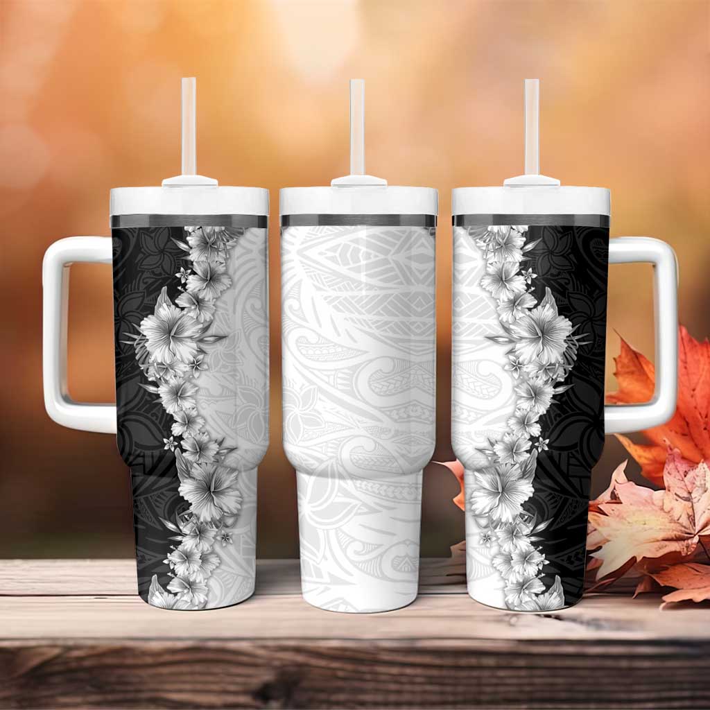 Hawaii Hibiscus Flowers Tumbler With Handle Grayscale Polynesian Pattern