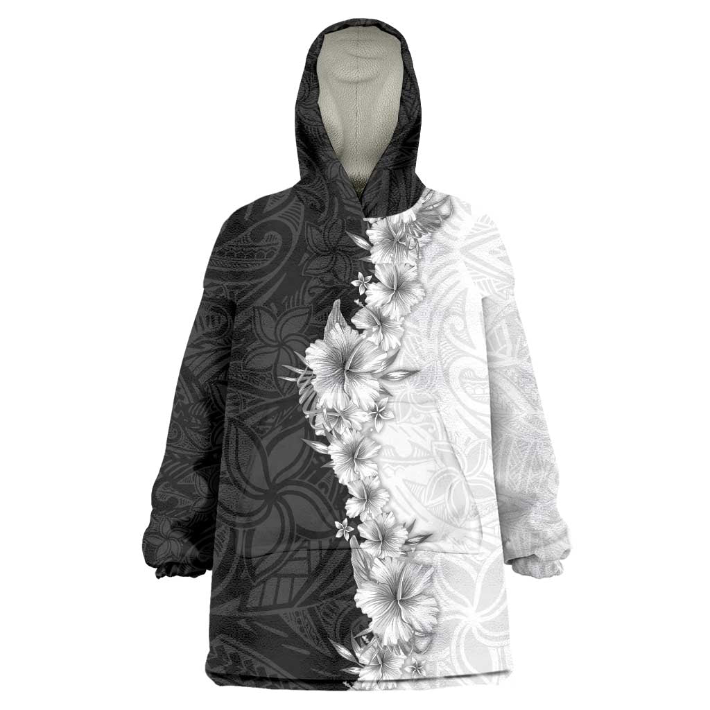 Hawaii Hibiscus Flowers Wearable Blanket Hoodie Grayscale Polynesian Pattern