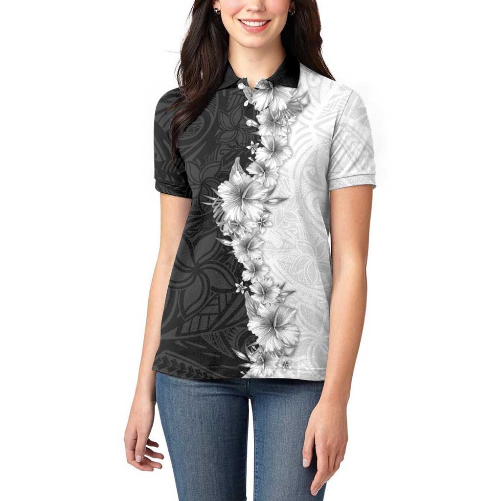 Hawaii Hibiscus Flowers Women Polo Shirt Grayscale Polynesian Pattern