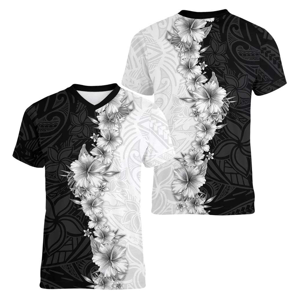 Hawaii Hibiscus Flowers Women V-Neck T-Shirt Grayscale Polynesian Pattern