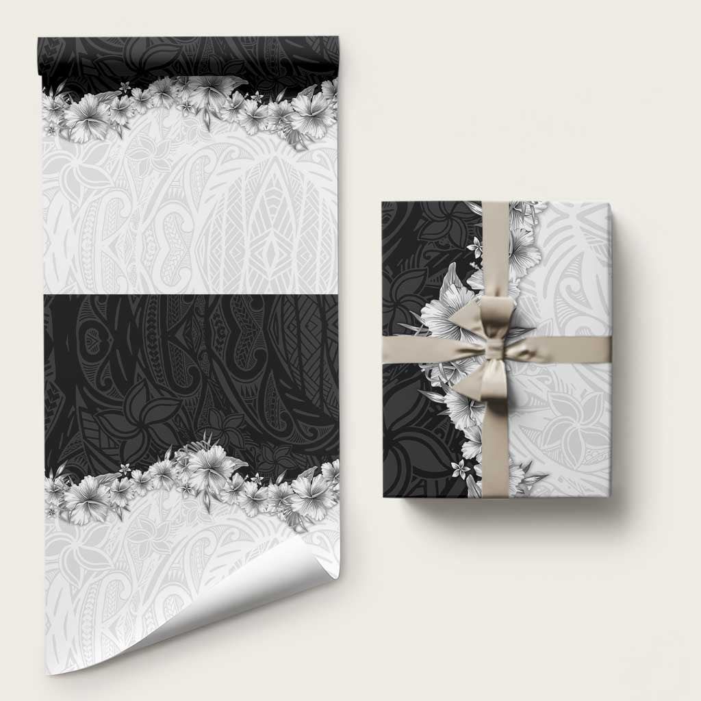 Hawaii Hibiscus Flowers Wrapping Paper Grayscale Polynesian Pattern
