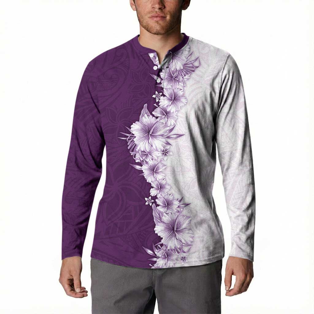 Hawaii Hibiscus Flowers Button Sweatshirt Purple Polynesian Pattern