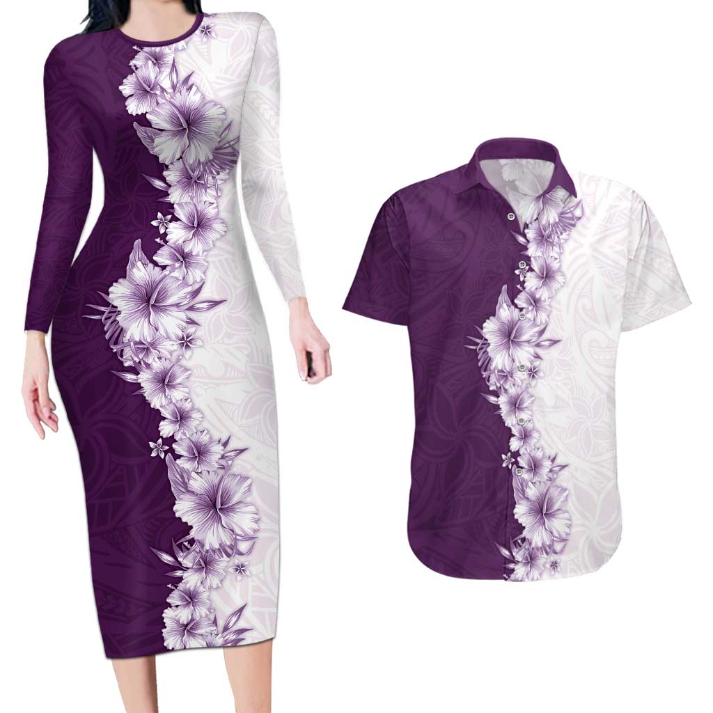 Hawaii Hibiscus Flowers Couples Matching Long Sleeve Bodycon Dress and Hawaiian Shirt Purple Polynesian Pattern