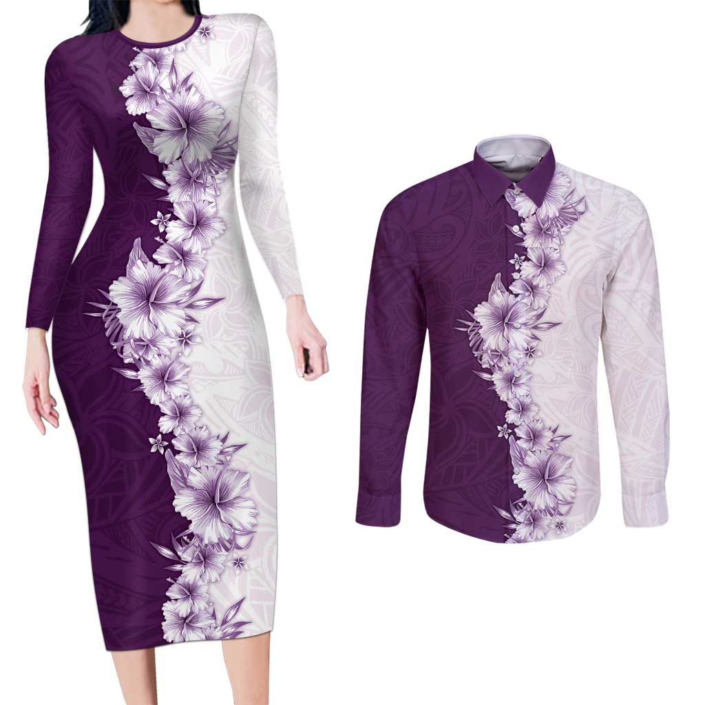 Hawaii Hibiscus Flowers Couples Matching Long Sleeve Bodycon Dress and Long Sleeve Button Shirt Purple Polynesian Pattern