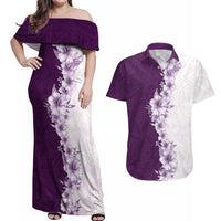 Hawaii Hibiscus Flowers Couples Matching Off Shoulder Maxi Dress and Hawaiian Shirt Purple Polynesian Pattern