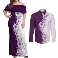 Hawaii Hibiscus Flowers Couples Matching Off Shoulder Maxi Dress and Long Sleeve Button Shirt Purple Polynesian Pattern