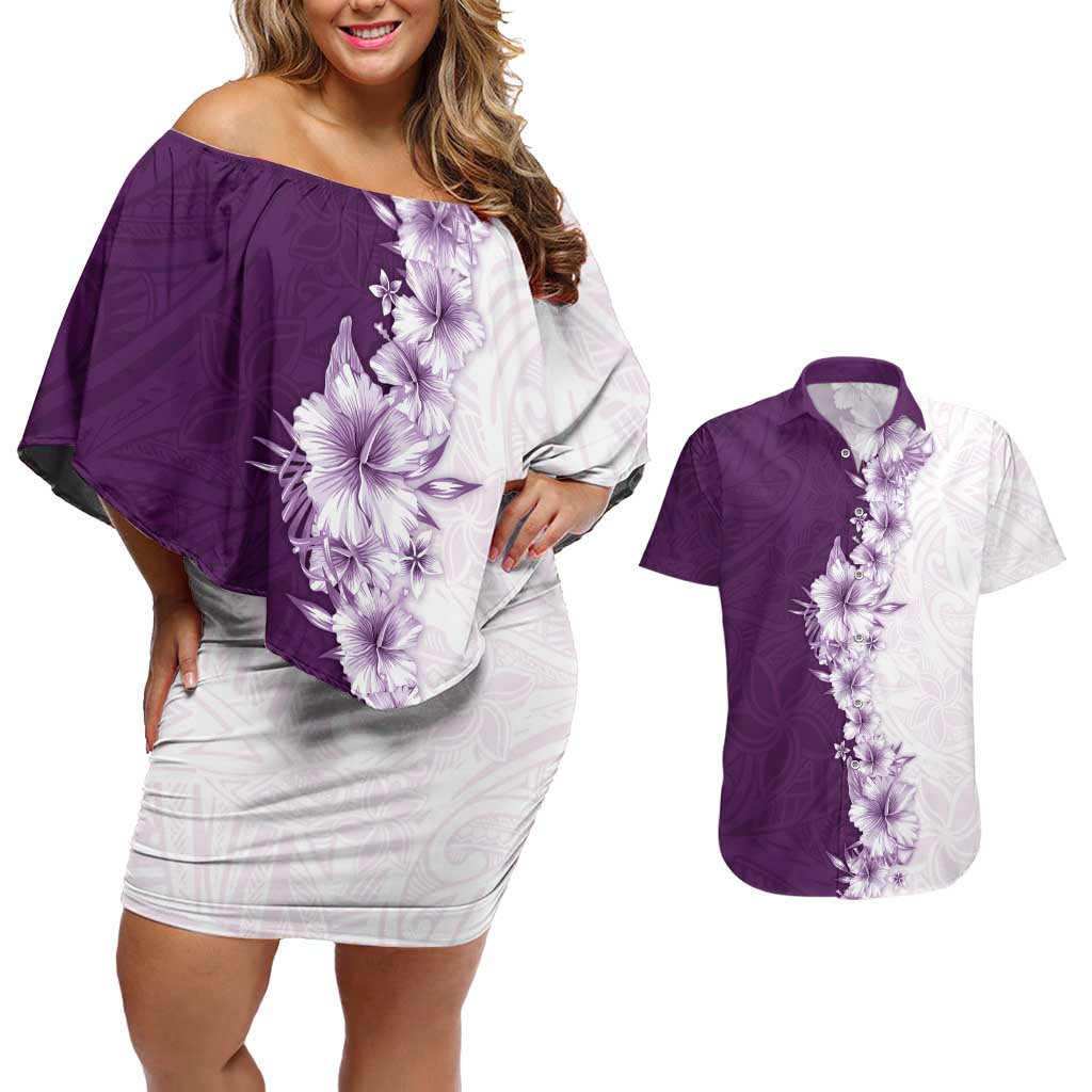 Hawaii Hibiscus Flowers Couples Matching Off Shoulder Short Dress and Hawaiian Shirt Purple Polynesian Pattern