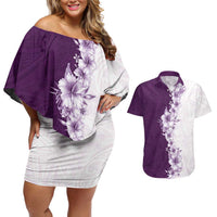Hawaii Hibiscus Flowers Couples Matching Off Shoulder Short Dress and Hawaiian Shirt Purple Polynesian Pattern