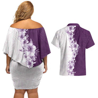 Hawaii Hibiscus Flowers Couples Matching Off Shoulder Short Dress and Hawaiian Shirt Purple Polynesian Pattern