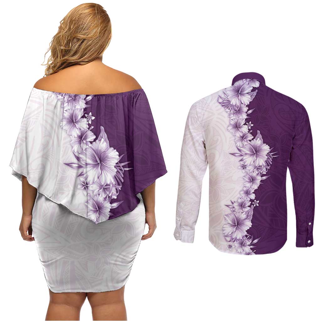 Hawaii Hibiscus Flowers Couples Matching Off Shoulder Short Dress and Long Sleeve Button Shirt Purple Polynesian Pattern