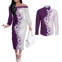 Hawaii Hibiscus Flowers Couples Matching Off The Shoulder Long Sleeve Dress and Long Sleeve Button Shirt Purple Polynesian Pattern