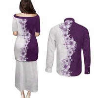 Hawaii Hibiscus Flowers Couples Matching Puletasi and Long Sleeve Button Shirt Purple Polynesian Pattern
