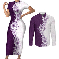 Hawaii Hibiscus Flowers Couples Matching Short Sleeve Bodycon Dress and Long Sleeve Button Shirt Purple Polynesian Pattern
