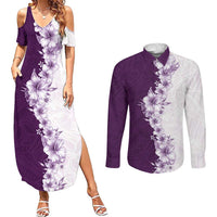 Hawaii Hibiscus Flowers Couples Matching Summer Maxi Dress and Long Sleeve Button Shirt Purple Polynesian Pattern