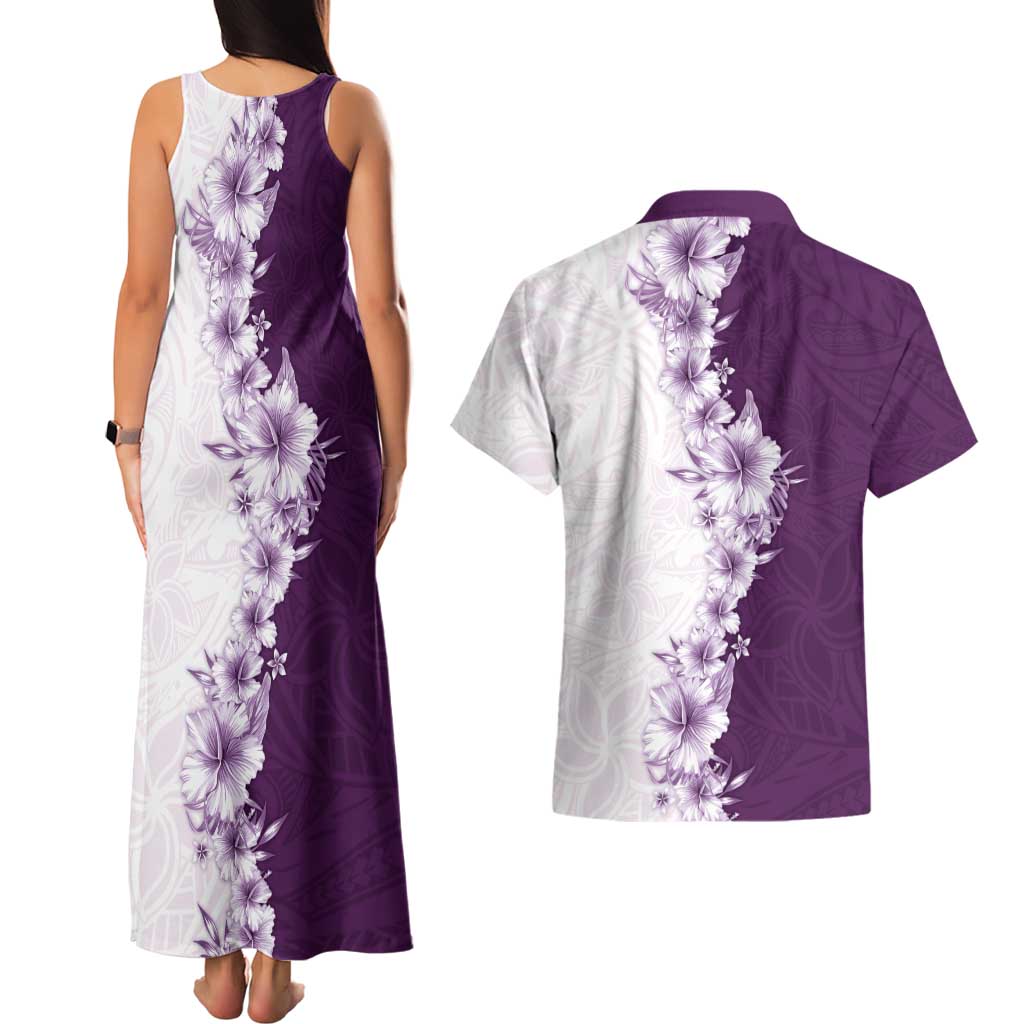 Hawaii Hibiscus Flowers Couples Matching Tank Maxi Dress and Hawaiian Shirt Purple Polynesian Pattern