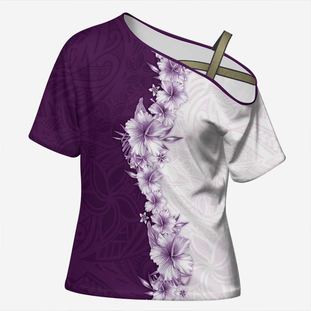 Hawaii Hibiscus Flowers Cross Shoulder Shirt Purple Polynesian Pattern