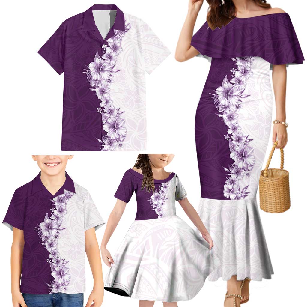Hawaii Hibiscus Flowers Family Matching Mermaid Dress and Hawaiian Shirt Purple Polynesian Pattern