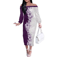 Hawaii Hibiscus Flowers Family Matching Off The Shoulder Long Sleeve Dress and Hawaiian Shirt Purple Polynesian Pattern LT05 Mom's Dress Purple - Polynesian Pride