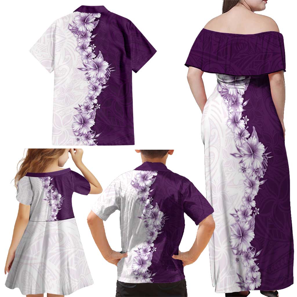 Hawaii Hibiscus Flowers Family Matching Off Shoulder Maxi Dress and Hawaiian Shirt Purple Polynesian Pattern