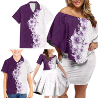 Hawaii Hibiscus Flowers Family Matching Off Shoulder Short Dress and Hawaiian Shirt Purple Polynesian Pattern