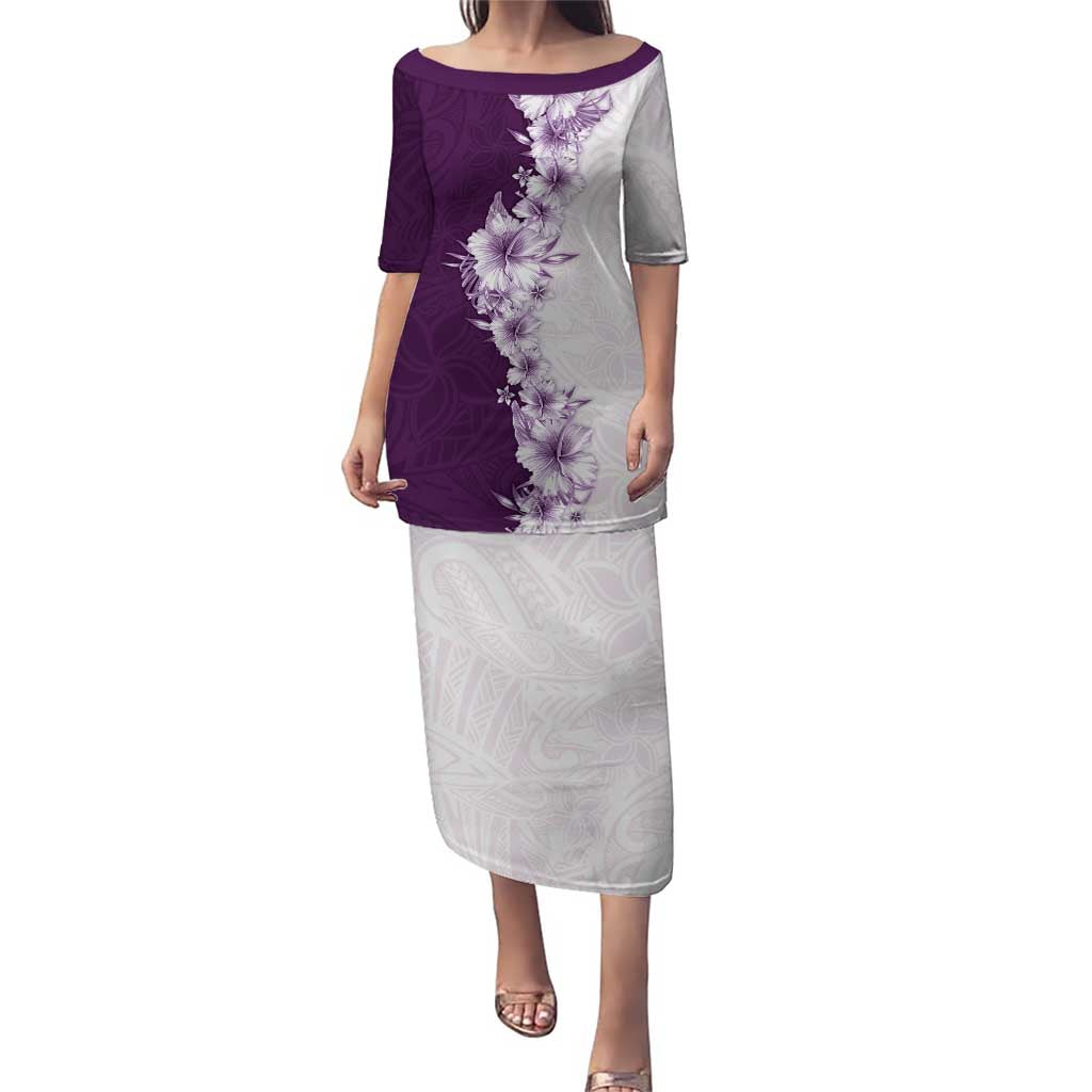 Hawaii Hibiscus Flowers Family Matching Puletasi and Hawaiian Shirt Purple Polynesian Pattern