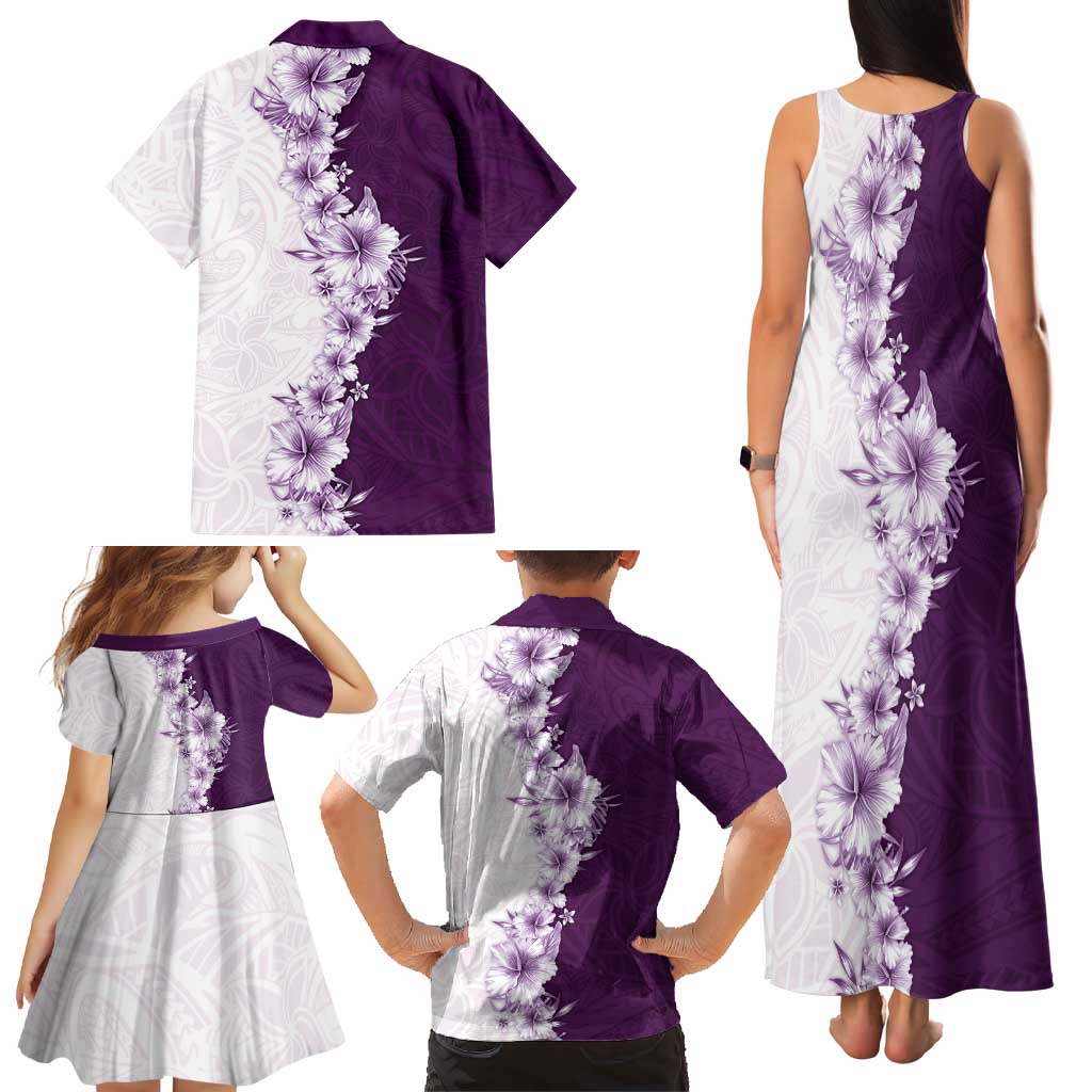 Hawaii Hibiscus Flowers Family Matching Tank Maxi Dress and Hawaiian Shirt Purple Polynesian Pattern