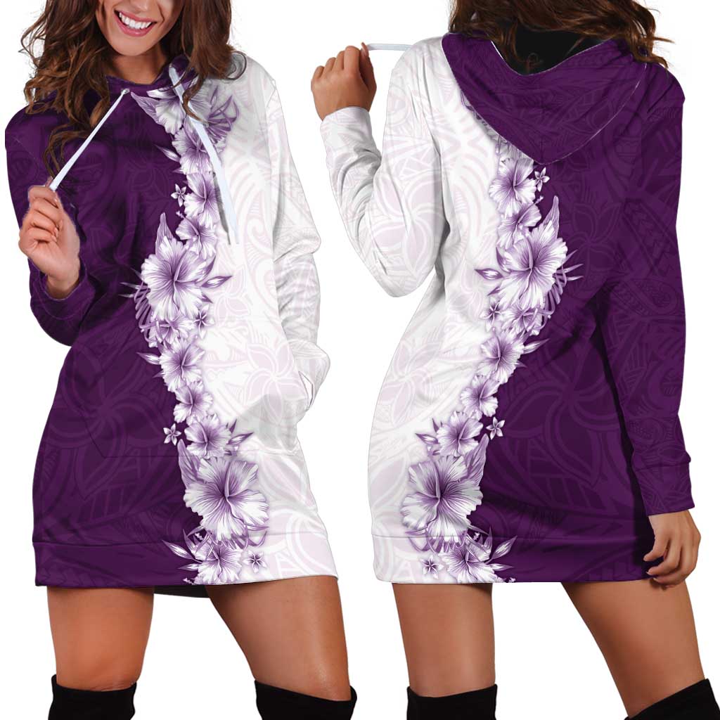 Hawaii Hibiscus Flowers Hoodie Dress Purple Polynesian Pattern
