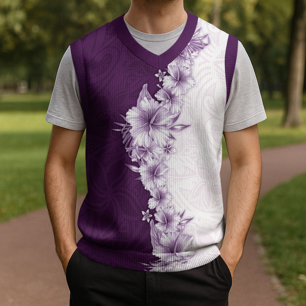 Hawaii Hibiscus Flowers Christmas Knitted V-Neck Vest Purple Polynesian Pattern LT05 - Polynesian Pride